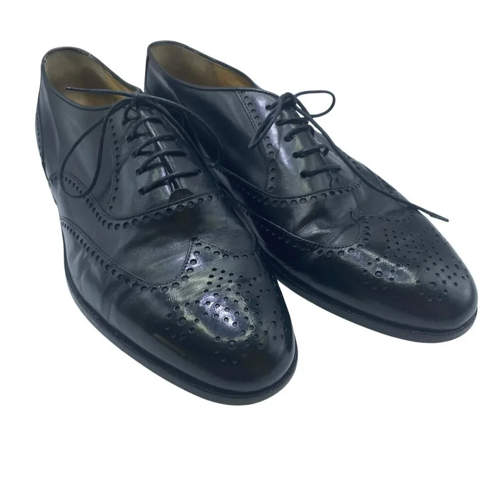 BrassBoot Dress Shoes Mens Size 7.5 Brogue Wingtip Black Oxfords Lace Up - Picture 1 of 8